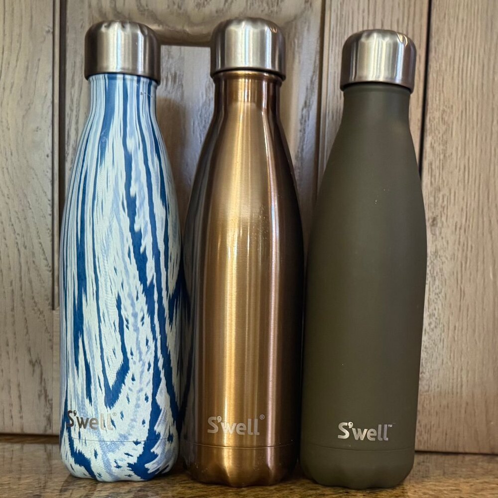3 SWELL Stainless Steel Water Bottles 17oz Copper+Khaki Green+Blue Sail/Swirl